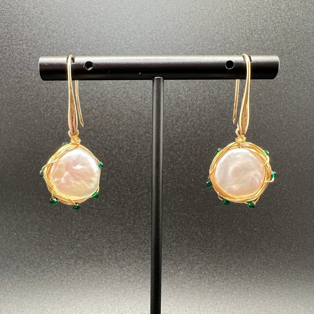 Coin Pearl Earrings Gold Tone Wire Wrapped Beaded Green Boho Coastal Resort
